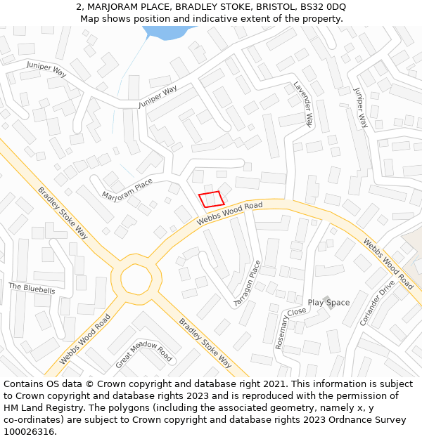 2, MARJORAM PLACE, BRADLEY STOKE, BRISTOL, BS32 0DQ: Location map and indicative extent of plot