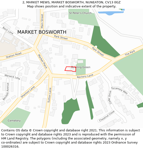 2, MARKET MEWS, MARKET BOSWORTH, NUNEATON, CV13 0GZ: Location map and indicative extent of plot