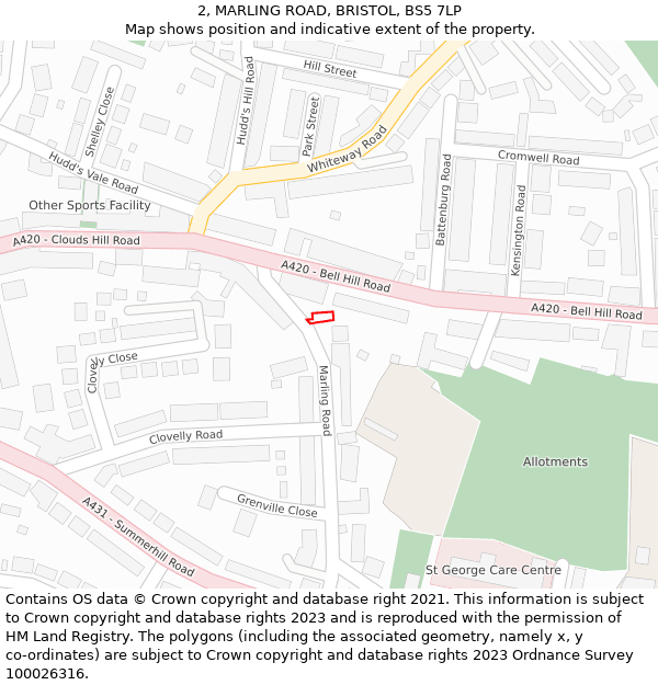 2, MARLING ROAD, BRISTOL, BS5 7LP: Location map and indicative extent of plot