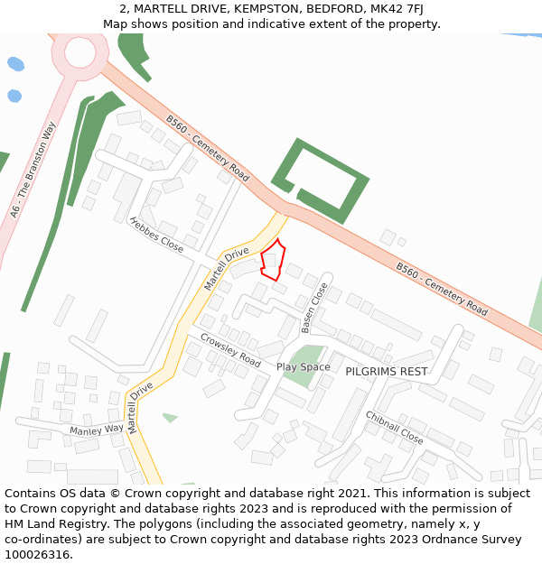 2, MARTELL DRIVE, KEMPSTON, BEDFORD, MK42 7FJ: Location map and indicative extent of plot