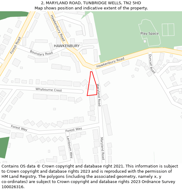 2, MARYLAND ROAD, TUNBRIDGE WELLS, TN2 5HD: Location map and indicative extent of plot