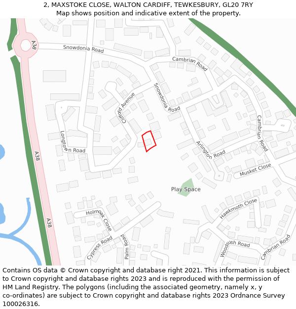 2, MAXSTOKE CLOSE, WALTON CARDIFF, TEWKESBURY, GL20 7RY: Location map and indicative extent of plot