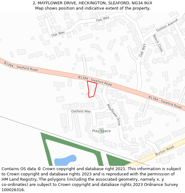 2, MAYFLOWER DRIVE, HECKINGTON, SLEAFORD, NG34 9UX: Location map and indicative extent of plot