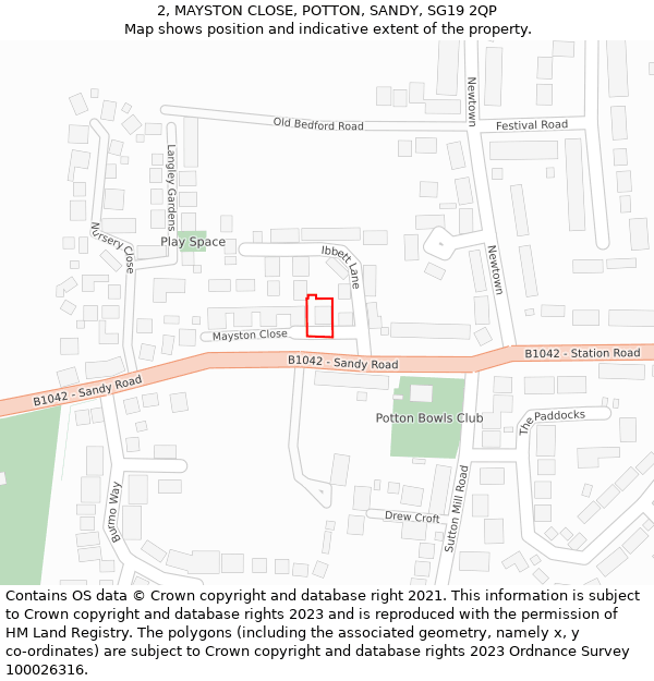 2, MAYSTON CLOSE, POTTON, SANDY, SG19 2QP: Location map and indicative extent of plot