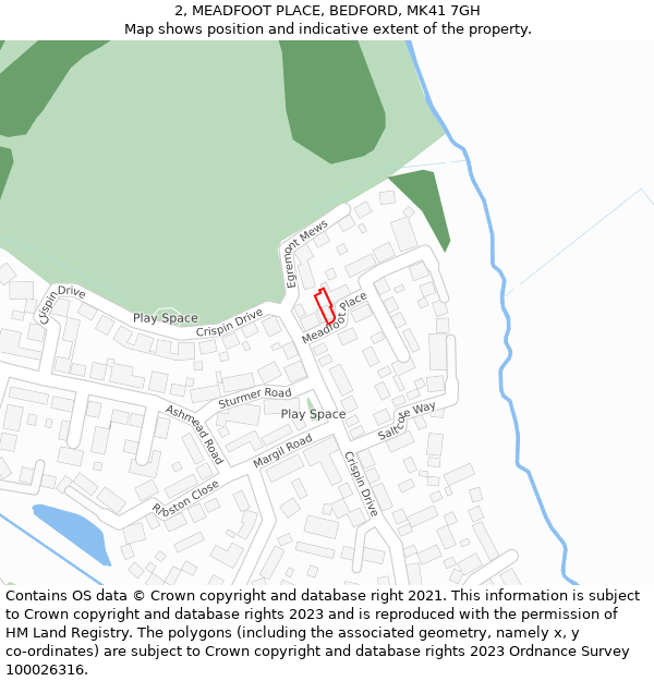 2, MEADFOOT PLACE, BEDFORD, MK41 7GH: Location map and indicative extent of plot