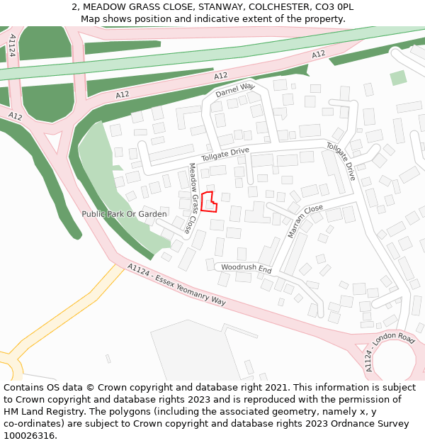 2, MEADOW GRASS CLOSE, STANWAY, COLCHESTER, CO3 0PL: Location map and indicative extent of plot