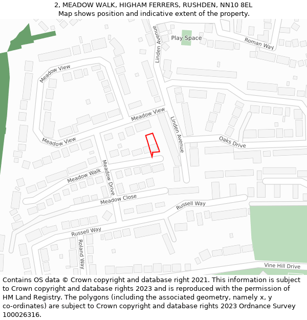 2, MEADOW WALK, HIGHAM FERRERS, RUSHDEN, NN10 8EL: Location map and indicative extent of plot