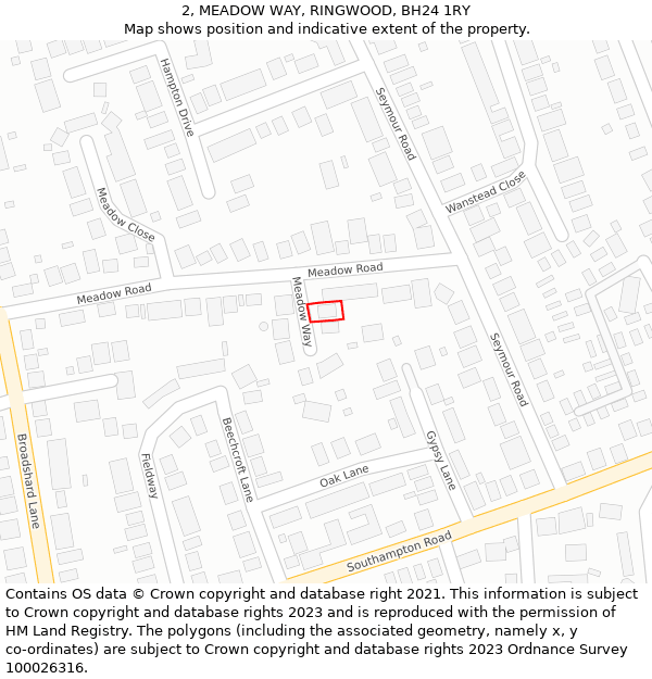 2, MEADOW WAY, RINGWOOD, BH24 1RY: Location map and indicative extent of plot