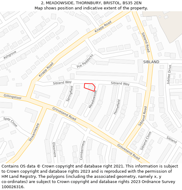 2, MEADOWSIDE, THORNBURY, BRISTOL, BS35 2EN: Location map and indicative extent of plot