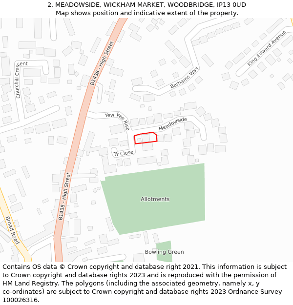 2, MEADOWSIDE, WICKHAM MARKET, WOODBRIDGE, IP13 0UD: Location map and indicative extent of plot
