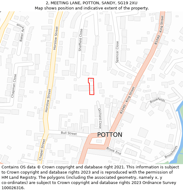 2, MEETING LANE, POTTON, SANDY, SG19 2XU: Location map and indicative extent of plot