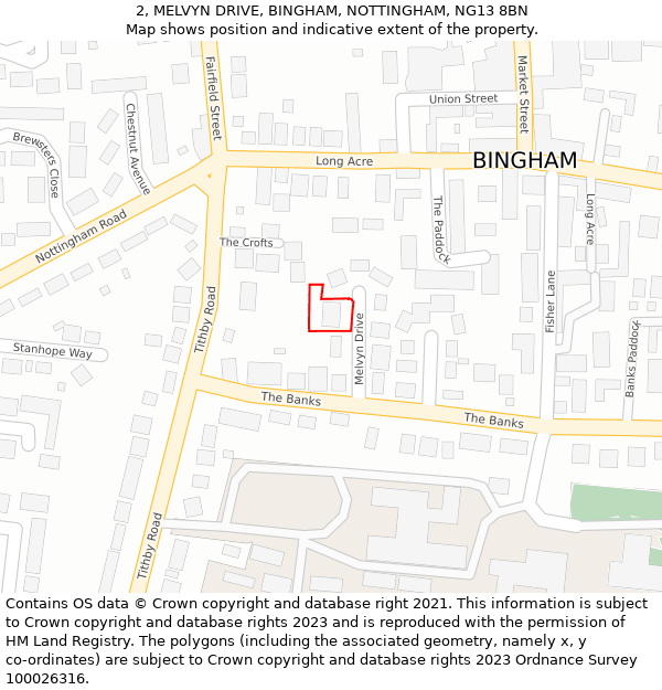 2, MELVYN DRIVE, BINGHAM, NOTTINGHAM, NG13 8BN: Location map and indicative extent of plot
