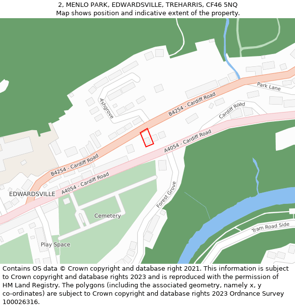 2, MENLO PARK, EDWARDSVILLE, TREHARRIS, CF46 5NQ: Location map and indicative extent of plot