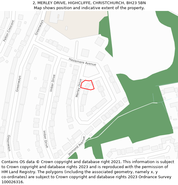 2, MERLEY DRIVE, HIGHCLIFFE, CHRISTCHURCH, BH23 5BN: Location map and indicative extent of plot