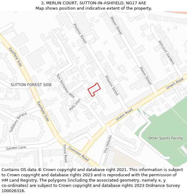 2, MERLIN COURT, SUTTON-IN-ASHFIELD, NG17 4AE: Location map and indicative extent of plot