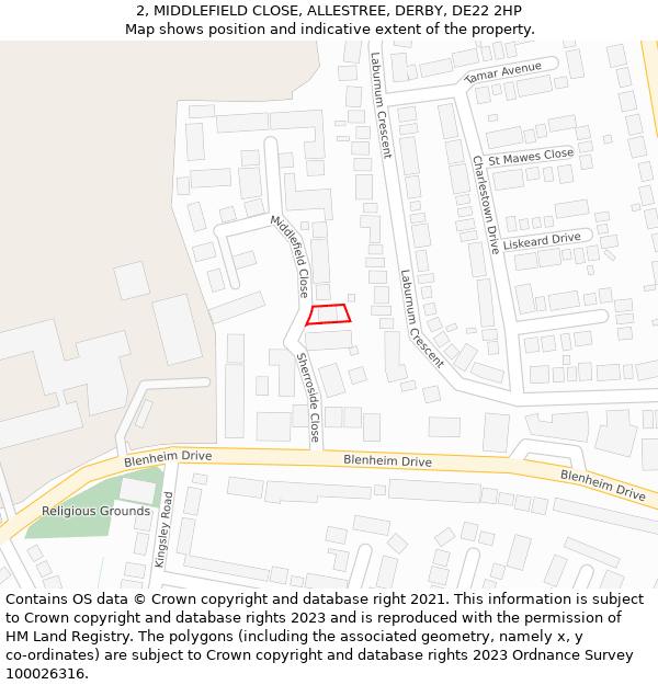 2, MIDDLEFIELD CLOSE, ALLESTREE, DERBY, DE22 2HP: Location map and indicative extent of plot
