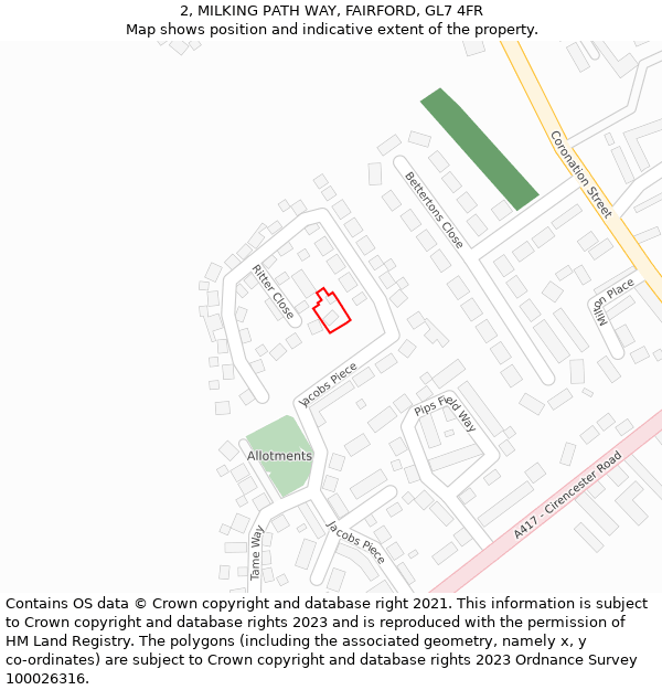 2, MILKING PATH WAY, FAIRFORD, GL7 4FR: Location map and indicative extent of plot