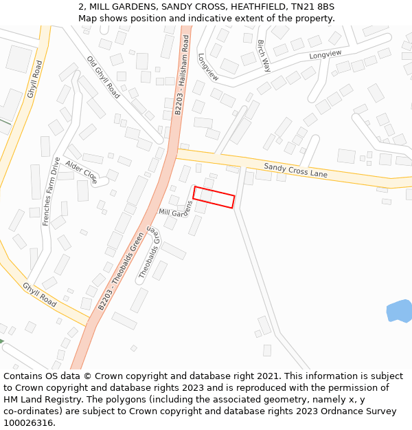 2, MILL GARDENS, SANDY CROSS, HEATHFIELD, TN21 8BS: Location map and indicative extent of plot