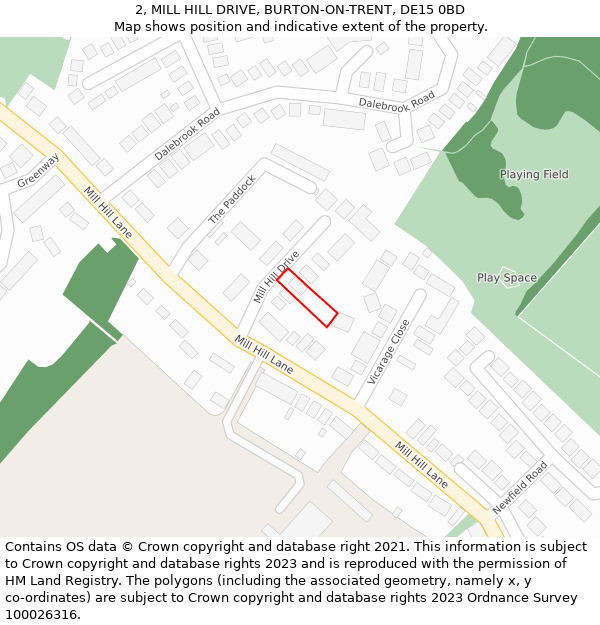 2, MILL HILL DRIVE, BURTON-ON-TRENT, DE15 0BD: Location map and indicative extent of plot