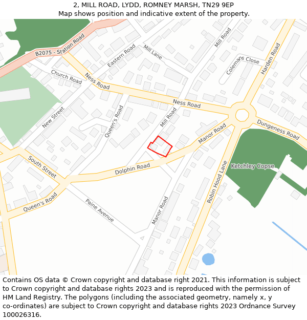 2, MILL ROAD, LYDD, ROMNEY MARSH, TN29 9EP: Location map and indicative extent of plot