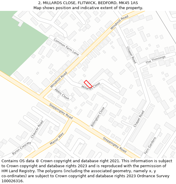 2, MILLARDS CLOSE, FLITWICK, BEDFORD, MK45 1AS: Location map and indicative extent of plot