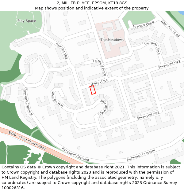 2, MILLER PLACE, EPSOM, KT19 8GS: Location map and indicative extent of plot