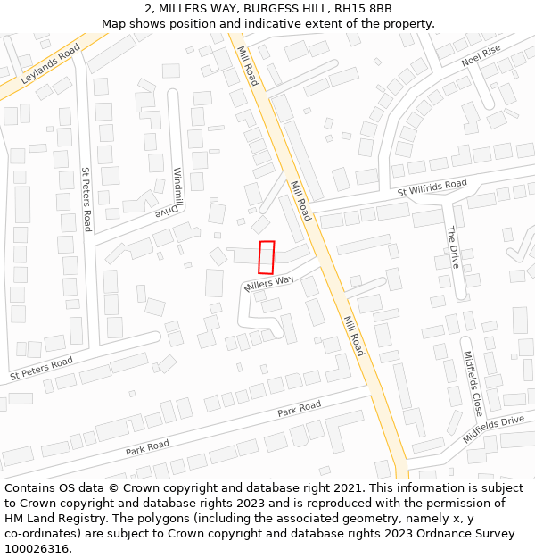 2, MILLERS WAY, BURGESS HILL, RH15 8BB: Location map and indicative extent of plot