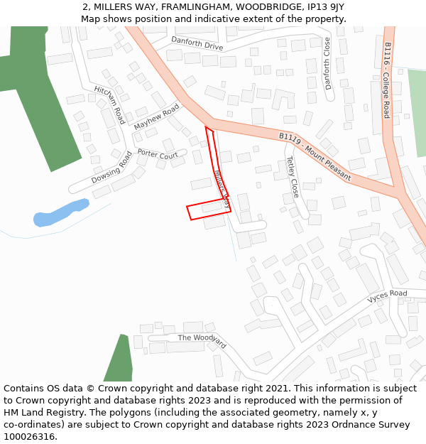 2, MILLERS WAY, FRAMLINGHAM, WOODBRIDGE, IP13 9JY: Location map and indicative extent of plot