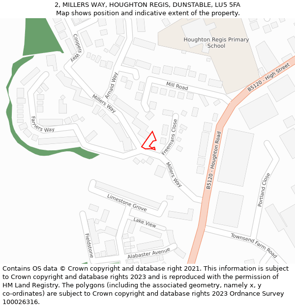 2, MILLERS WAY, HOUGHTON REGIS, DUNSTABLE, LU5 5FA: Location map and indicative extent of plot