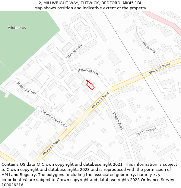 2, MILLWRIGHT WAY, FLITWICK, BEDFORD, MK45 1BL: Location map and indicative extent of plot