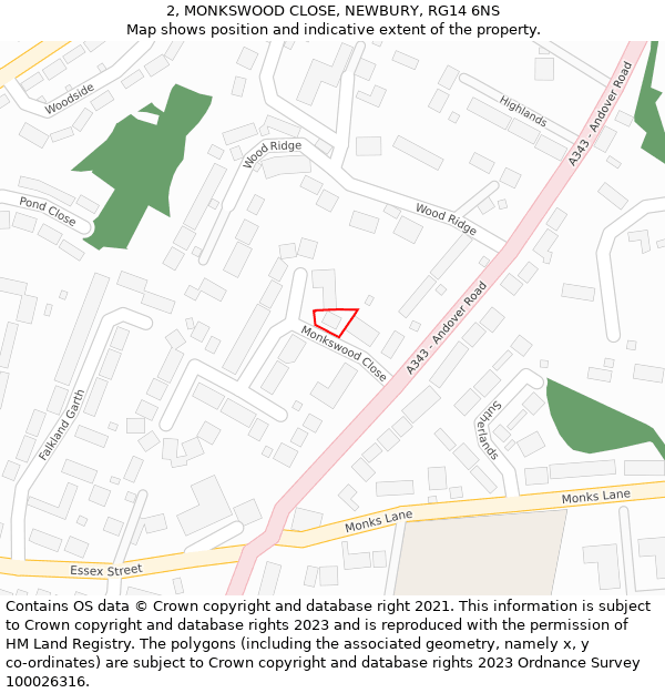 2, MONKSWOOD CLOSE, NEWBURY, RG14 6NS: Location map and indicative extent of plot