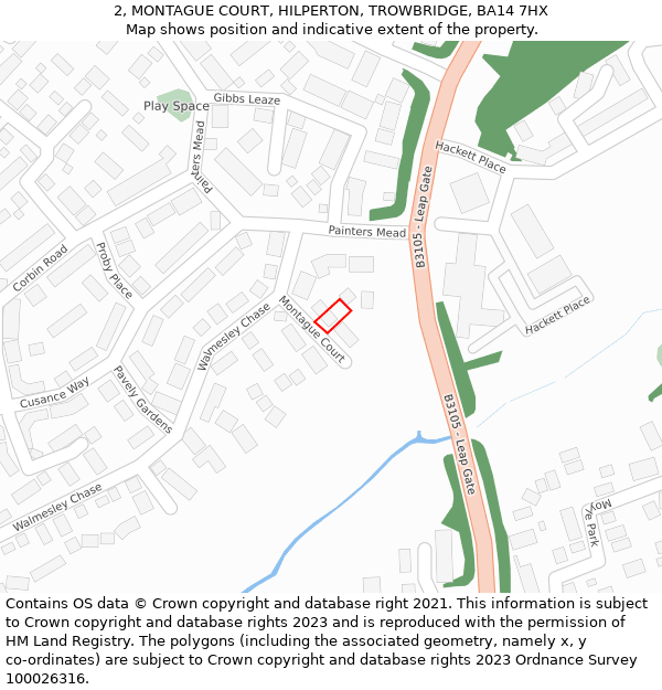 2, MONTAGUE COURT, HILPERTON, TROWBRIDGE, BA14 7HX: Location map and indicative extent of plot