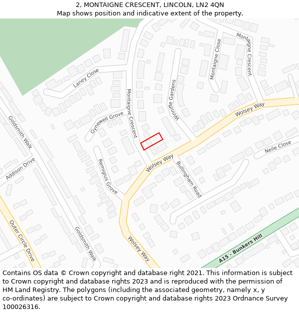 2, MONTAIGNE CRESCENT, LINCOLN, LN2 4QN: Location map and indicative extent of plot