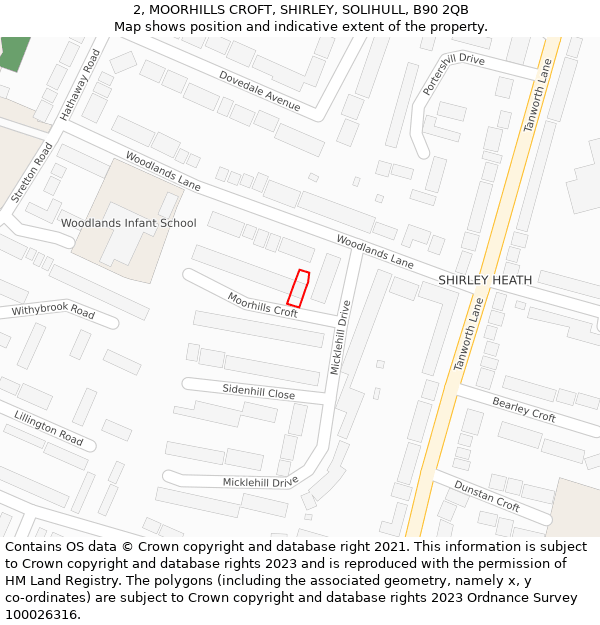 2, MOORHILLS CROFT, SHIRLEY, SOLIHULL, B90 2QB: Location map and indicative extent of plot