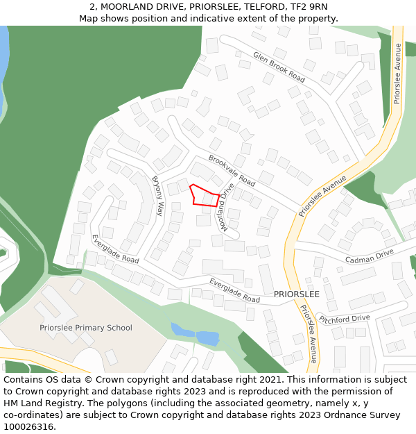 2, MOORLAND DRIVE, PRIORSLEE, TELFORD, TF2 9RN: Location map and indicative extent of plot