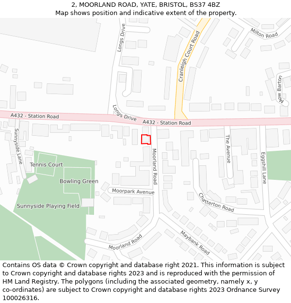 2, MOORLAND ROAD, YATE, BRISTOL, BS37 4BZ: Location map and indicative extent of plot