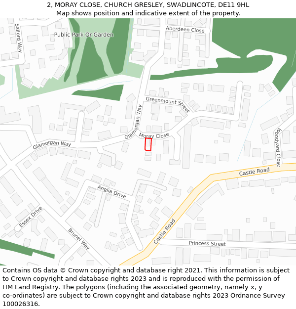 2, MORAY CLOSE, CHURCH GRESLEY, SWADLINCOTE, DE11 9HL: Location map and indicative extent of plot