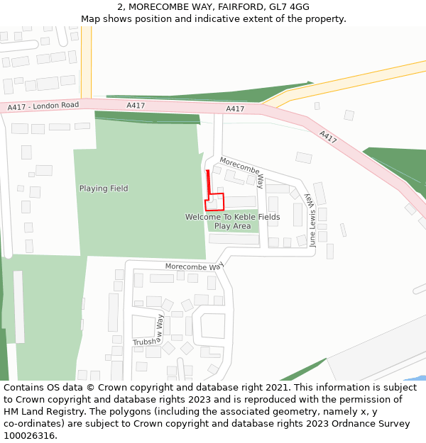 2, MORECOMBE WAY, FAIRFORD, GL7 4GG: Location map and indicative extent of plot