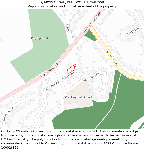 2, MOSS GROVE, KENILWORTH, CV8 2WB: Location map and indicative extent of plot