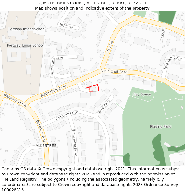 2, MULBERRIES COURT, ALLESTREE, DERBY, DE22 2HL: Location map and indicative extent of plot