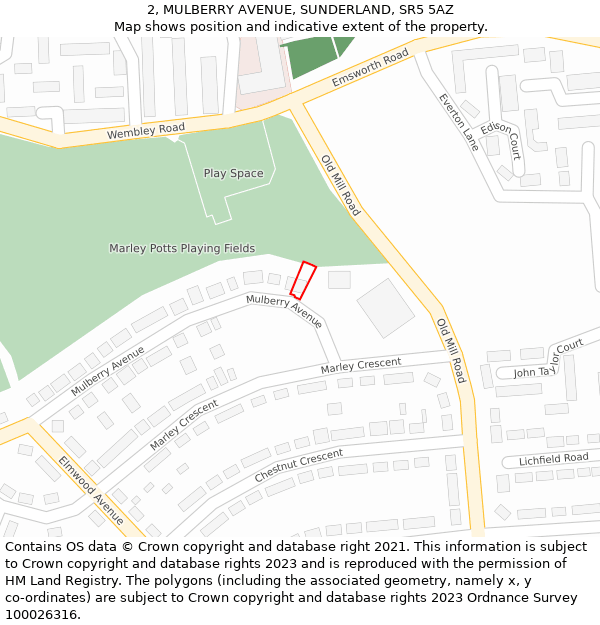 2, MULBERRY AVENUE, SUNDERLAND, SR5 5AZ: Location map and indicative extent of plot