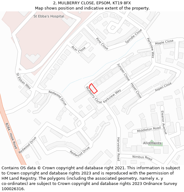 2, MULBERRY CLOSE, EPSOM, KT19 8FX: Location map and indicative extent of plot