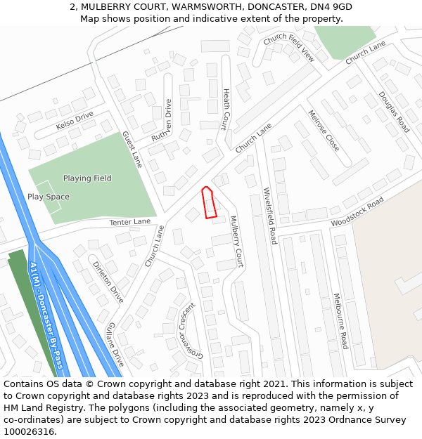 2, MULBERRY COURT, WARMSWORTH, DONCASTER, DN4 9GD: Location map and indicative extent of plot