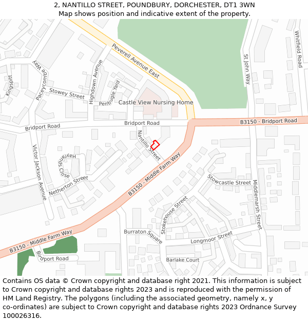 2, NANTILLO STREET, POUNDBURY, DORCHESTER, DT1 3WN: Location map and indicative extent of plot