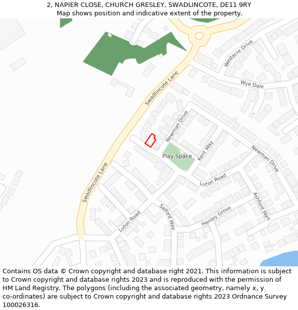 2, NAPIER CLOSE, CHURCH GRESLEY, SWADLINCOTE, DE11 9RY: Location map and indicative extent of plot