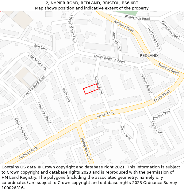 2, NAPIER ROAD, REDLAND, BRISTOL, BS6 6RT: Location map and indicative extent of plot