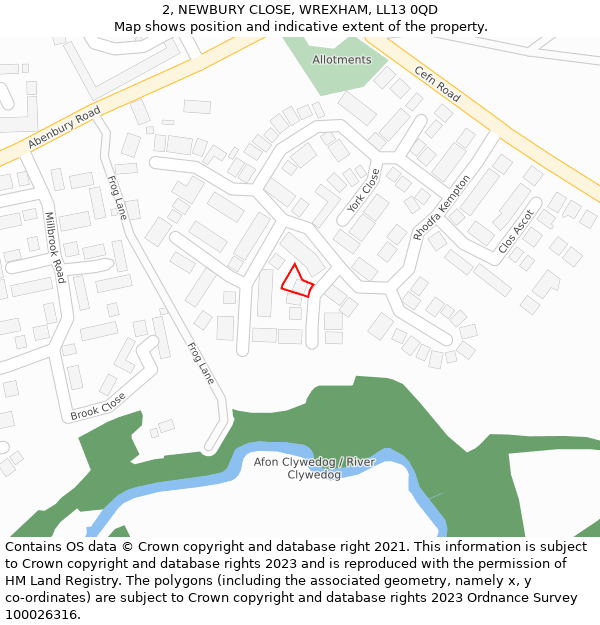 2, NEWBURY CLOSE, WREXHAM, LL13 0QD: Location map and indicative extent of plot