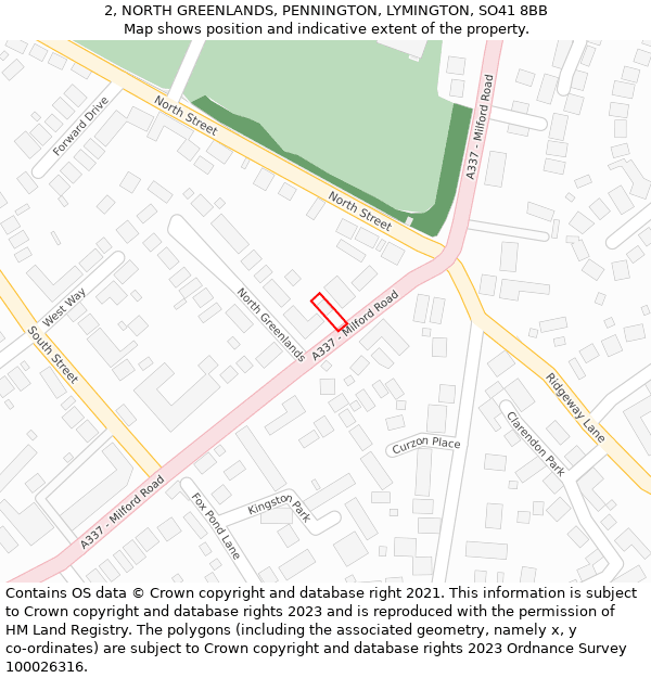 2, NORTH GREENLANDS, PENNINGTON, LYMINGTON, SO41 8BB: Location map and indicative extent of plot