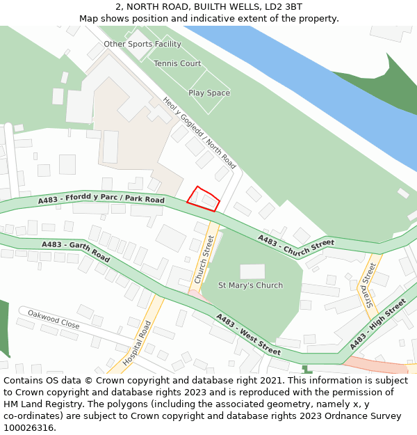 2, NORTH ROAD, BUILTH WELLS, LD2 3BT: Location map and indicative extent of plot