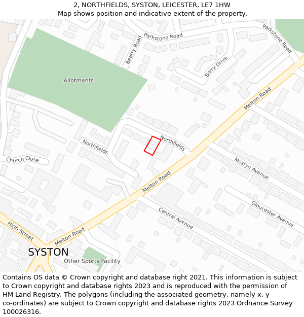 2, NORTHFIELDS, SYSTON, LEICESTER, LE7 1HW: Location map and indicative extent of plot